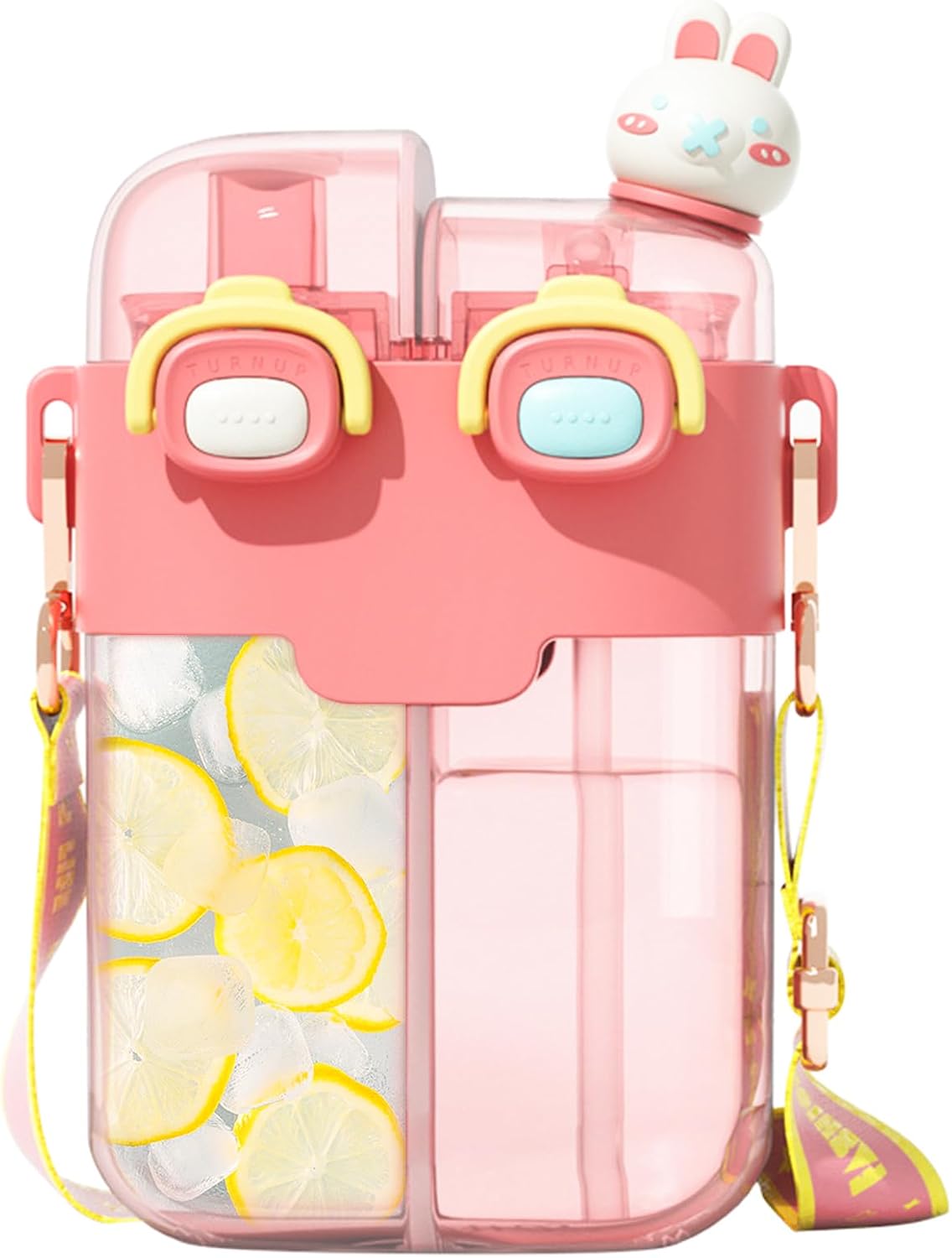 26 oz Kids Bear Water Bottle with Straw, Dual Compartments, Leakproof Lock and Adjustable Strap