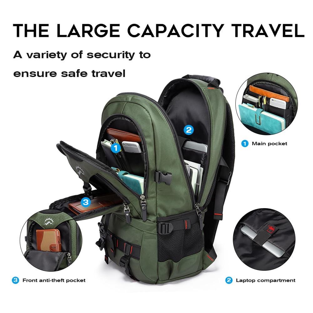 KAKA Flight-Approved Travel Backpack with 17.3” Laptop Compartment – Anti-Theft Carry-On Backpack for Men & Women – Green