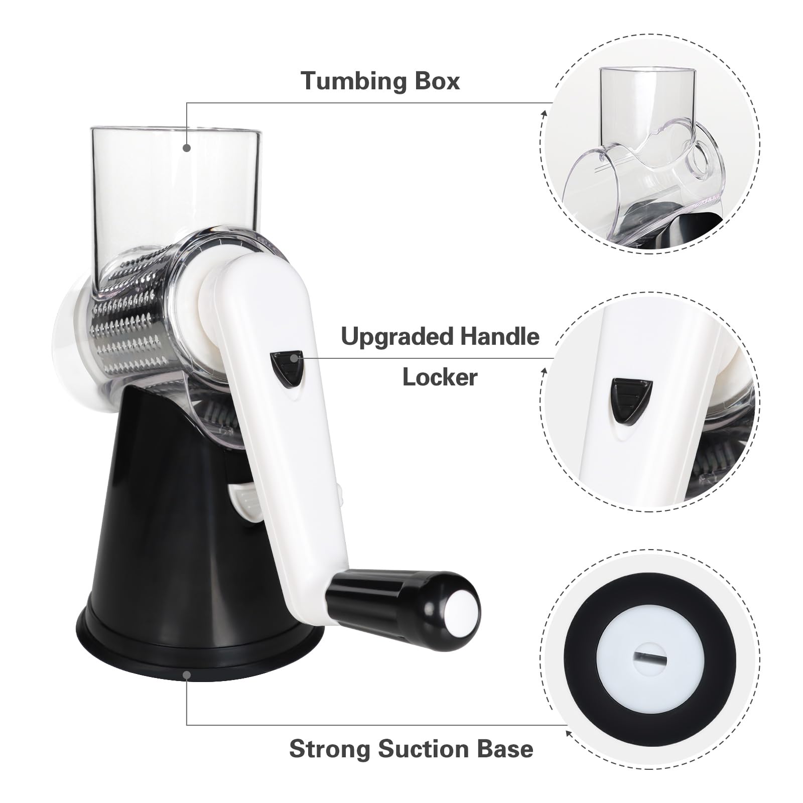 Manual Rotary Cheese Grater with 3 Stainless Steel Blades – Suction Base Food Shredder