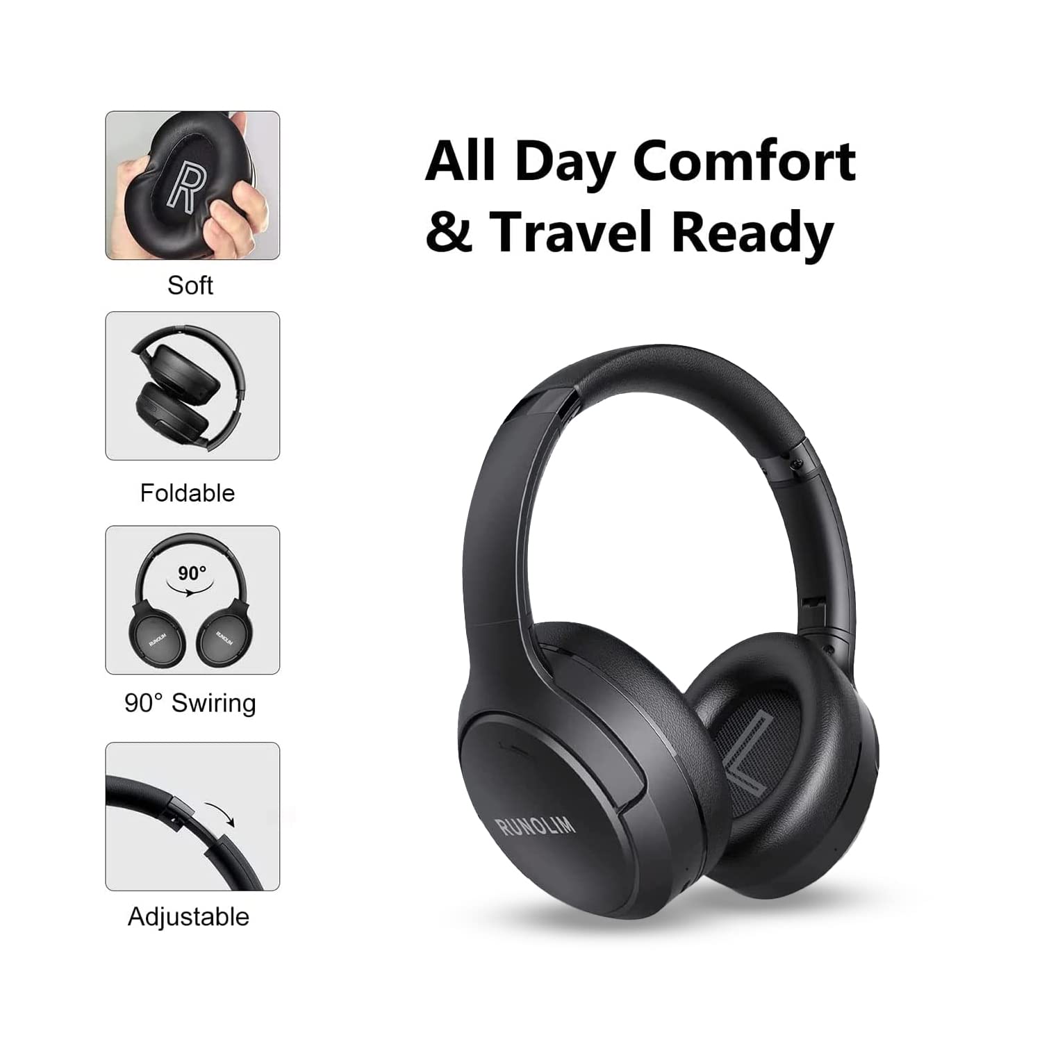 RUNOLIM Active Noise Cancelling Wireless Headphones with 70H Playtime & Hi-Fi Sound – Foldable Bluetooth Over-Ear Headset Black