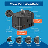 Universal Travel Power Adapter with USB-C & USB-A – Worldwide Plug Adapter for US, EU, UK, AU with 45W Fast Charging