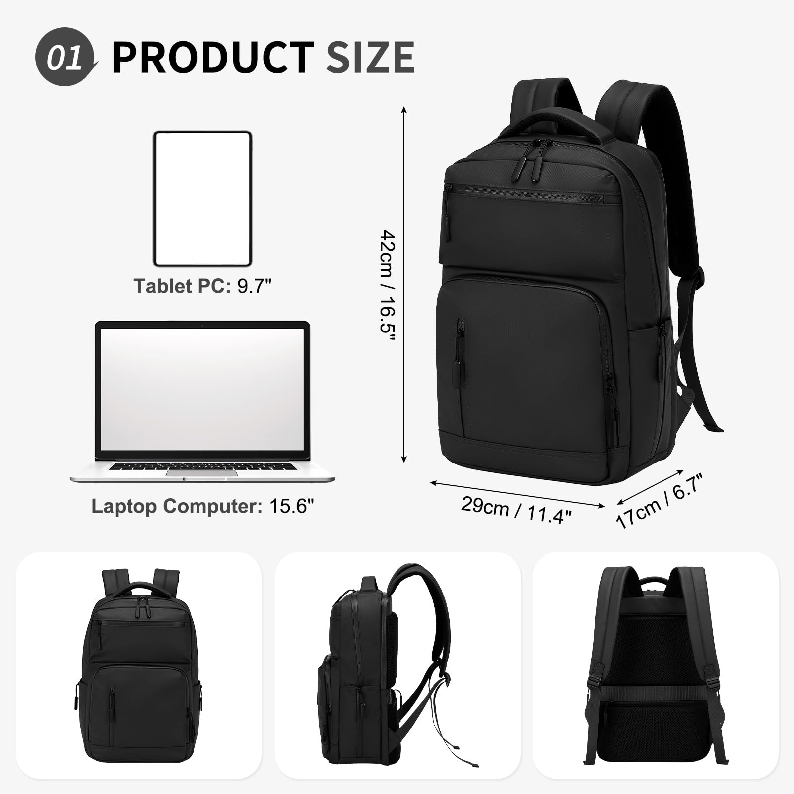 Suikihum Waterproof Laptop Backpack – Flight-Approved Anti-Theft Daypack with 15.6” Laptop Sleeve, Lightweight Travel Backpack (Black)