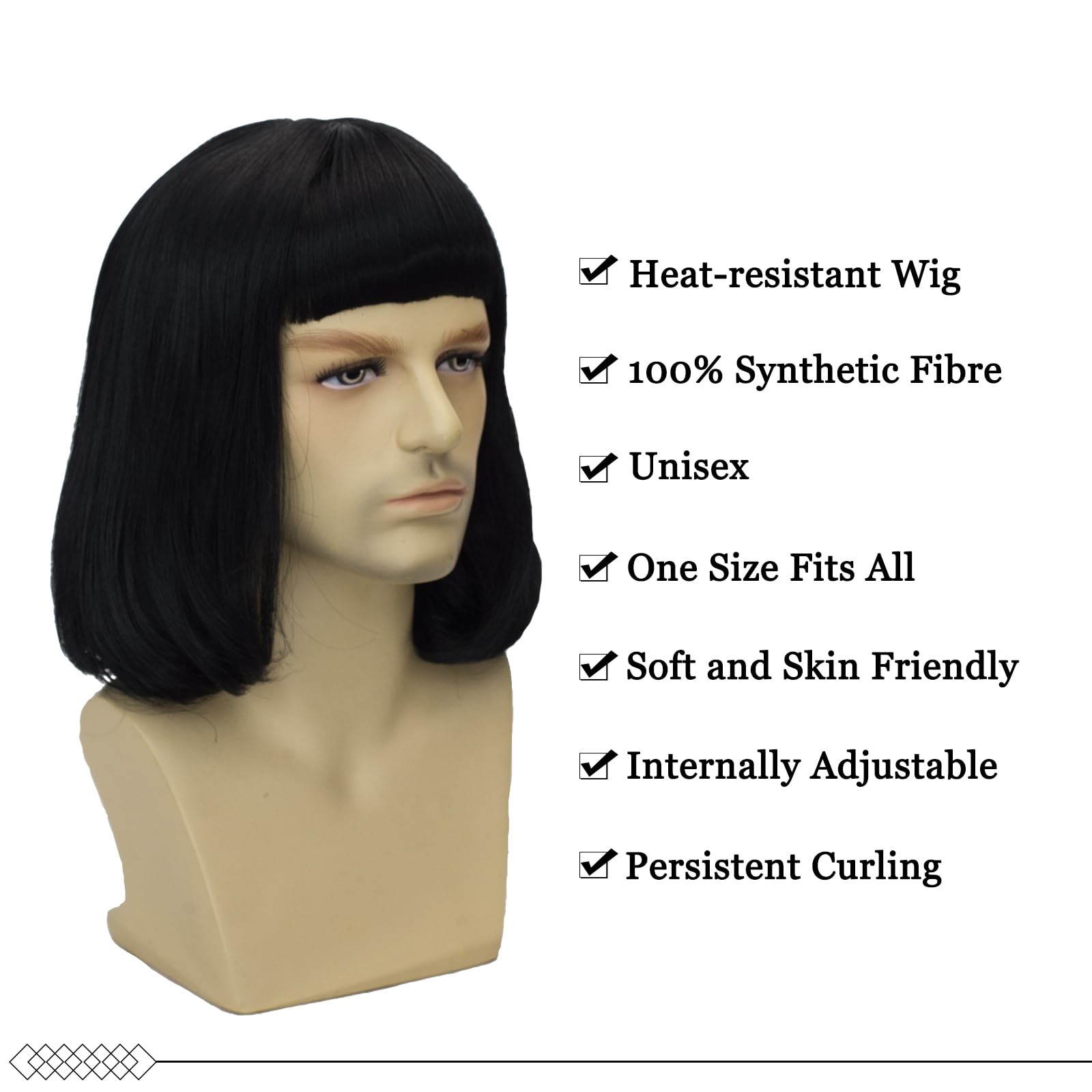 Short Black Bob Wig with Bangs for Men – Natural Matte Fiber Heat-Resistant Costume Hair 💇‍♂️🖤