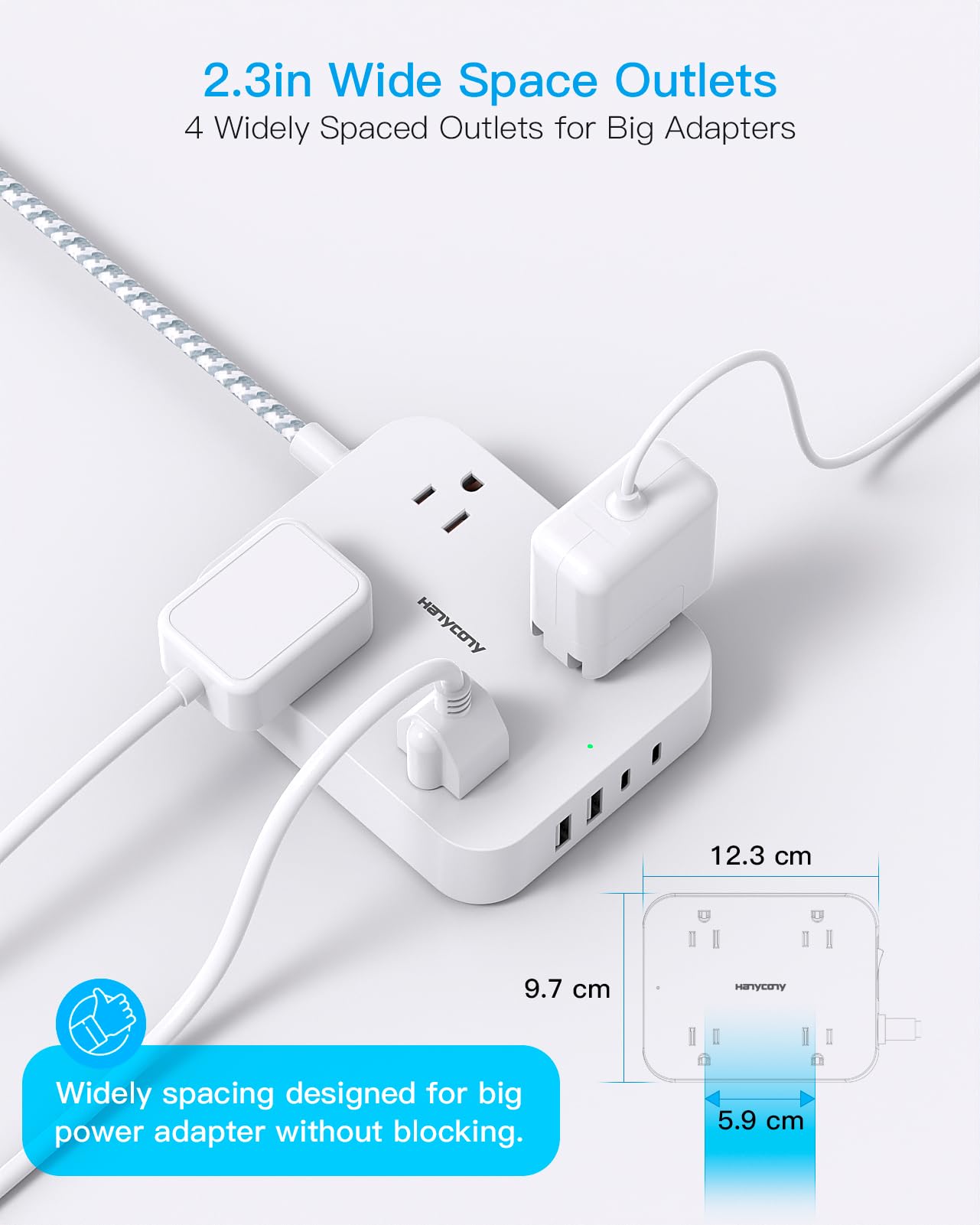 Flat Plug Extension Cord with USB-C – 8-in-1 Power Strip for Desk, Wall & Travel (White)
