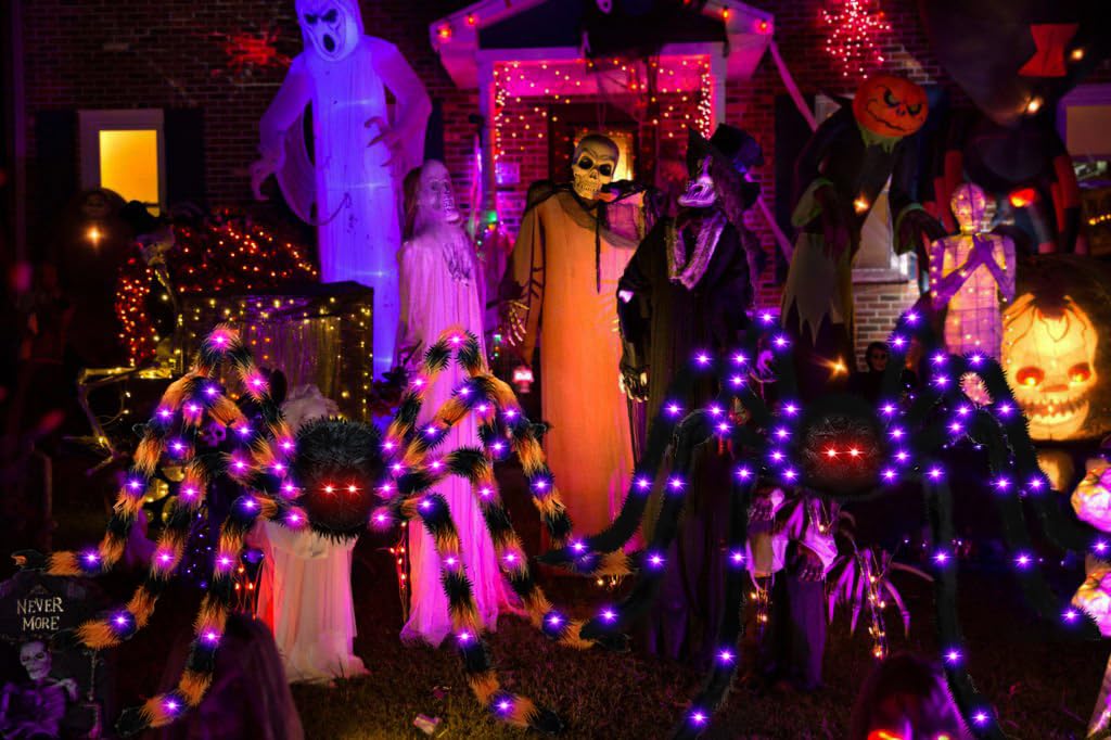 Giant Light-Up Halloween Spider – 59" Black Hairy Spider with 36 LED Purple Lights & Red Eyes