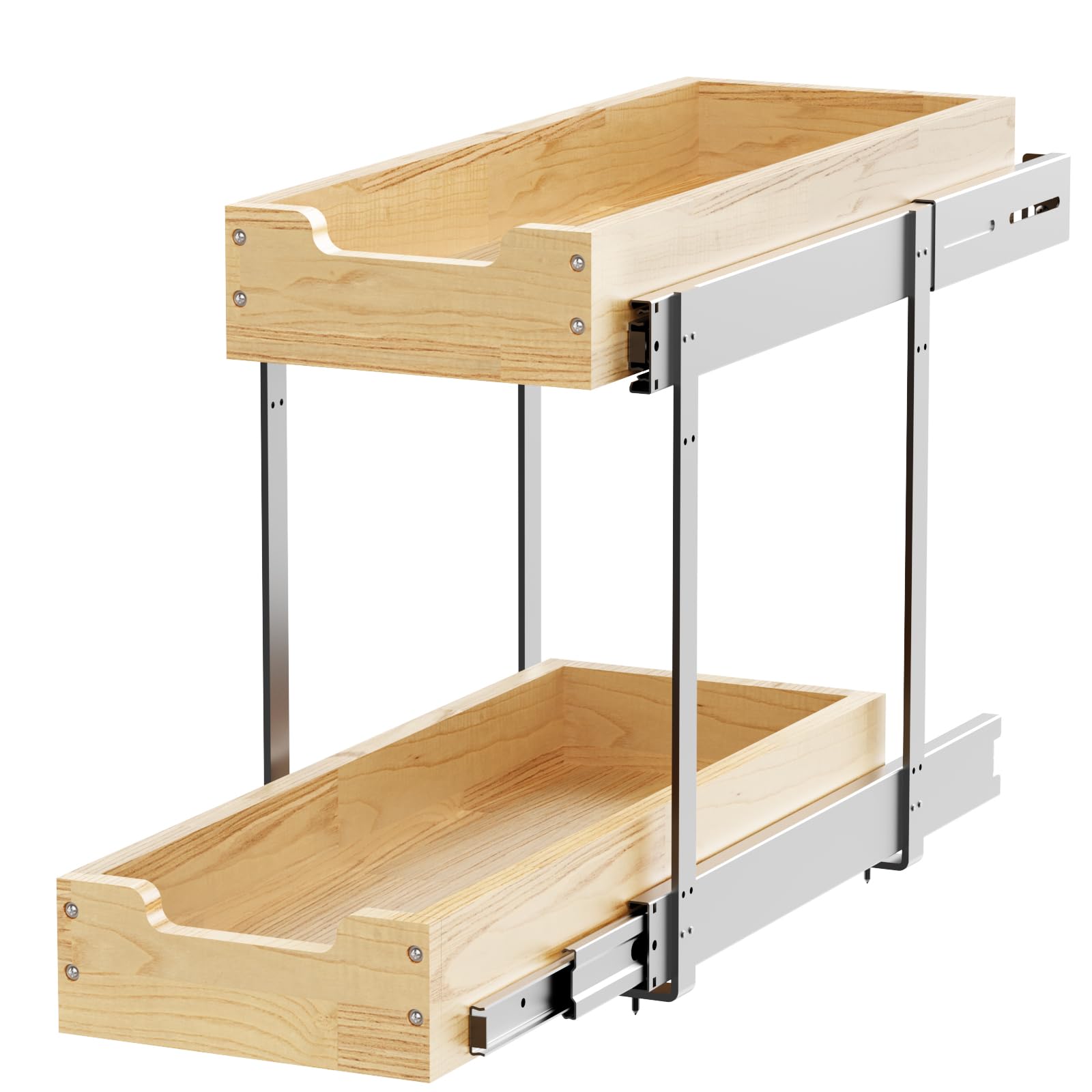 Heavy-Duty Solid Wood Pull-Out Cabinet Organizer – Adjustable 2-Tier Sliding Storage System