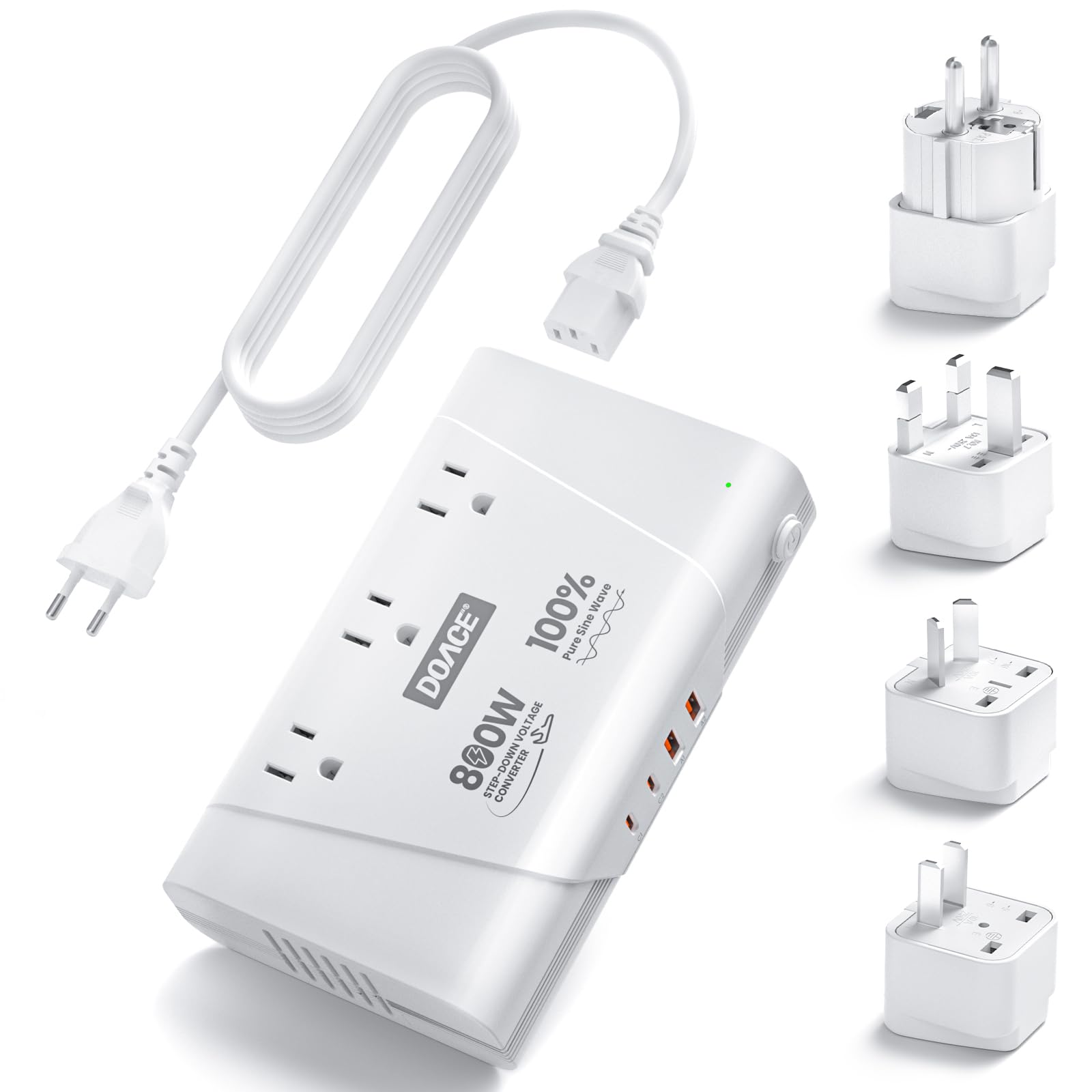 800W Pure Sine Wave Voltage Converter & Universal Travel Adapter – Multi Device International Power Converter White