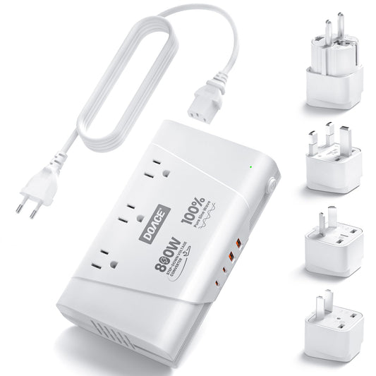 800W Pure Sine Wave Voltage Converter & Universal Travel Adapter – Multi Device International Power Converter White