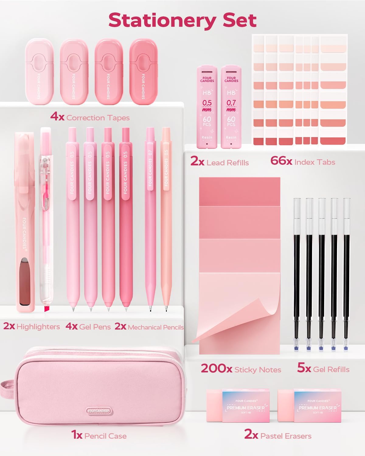 Pink Aesthetic School Supplies Kit with Organizer