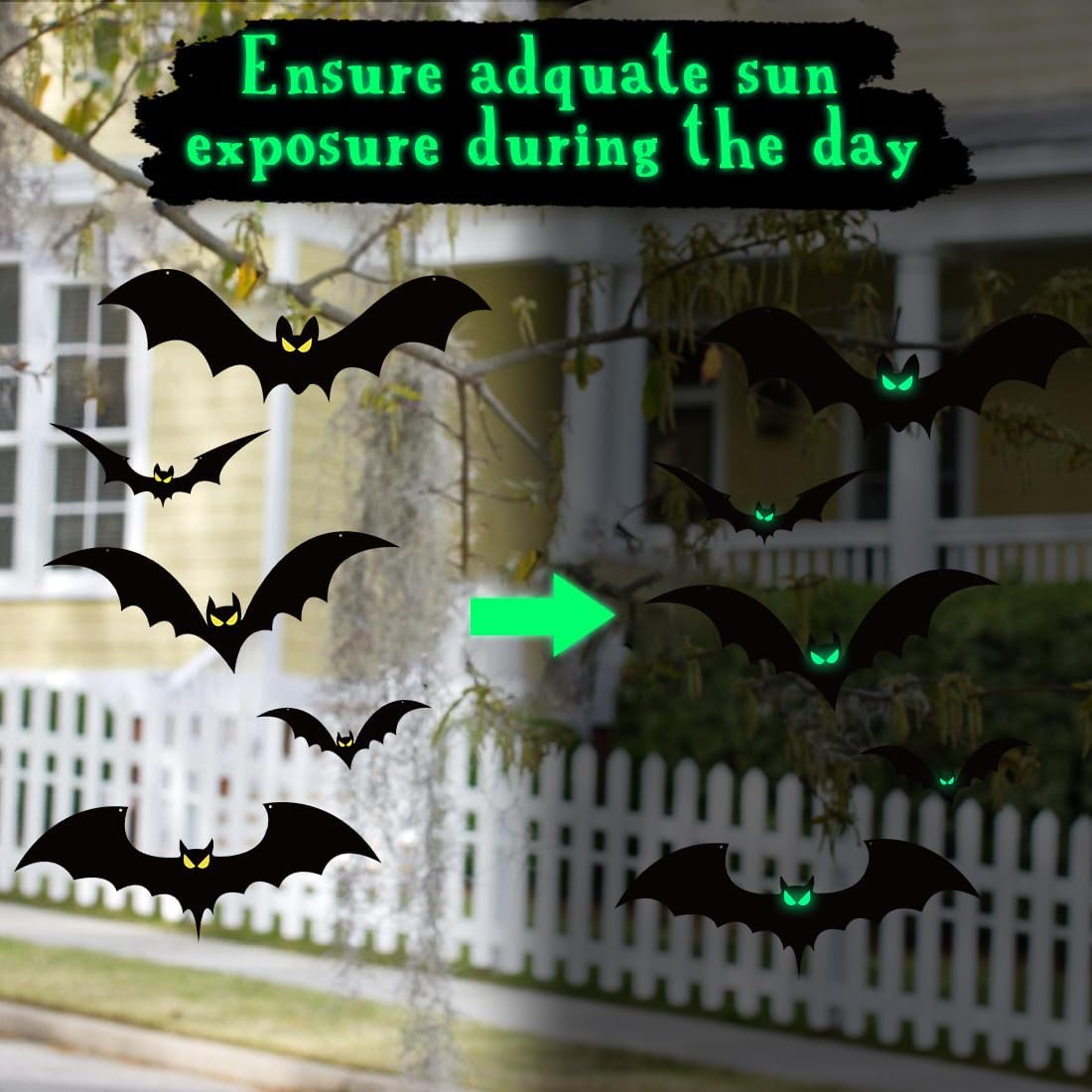 Halloween Hanging Bats Decorations – 20 PCS Set with Glowing Eyes & Fishing Line (3 Sizes Included)