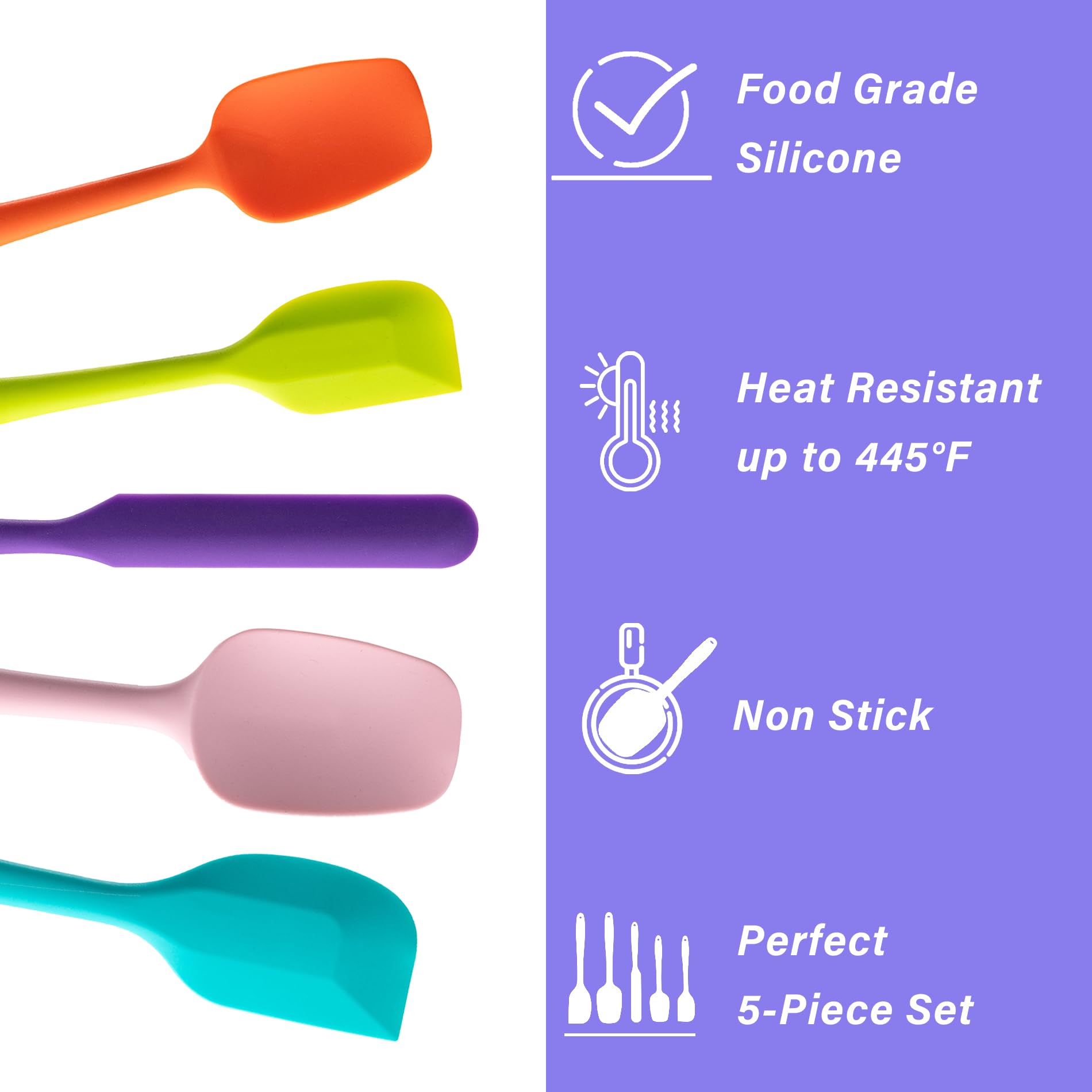 5-Piece Silicone Spatula Set – Heat Resistant, One-Piece Design with Stainless Steel Core