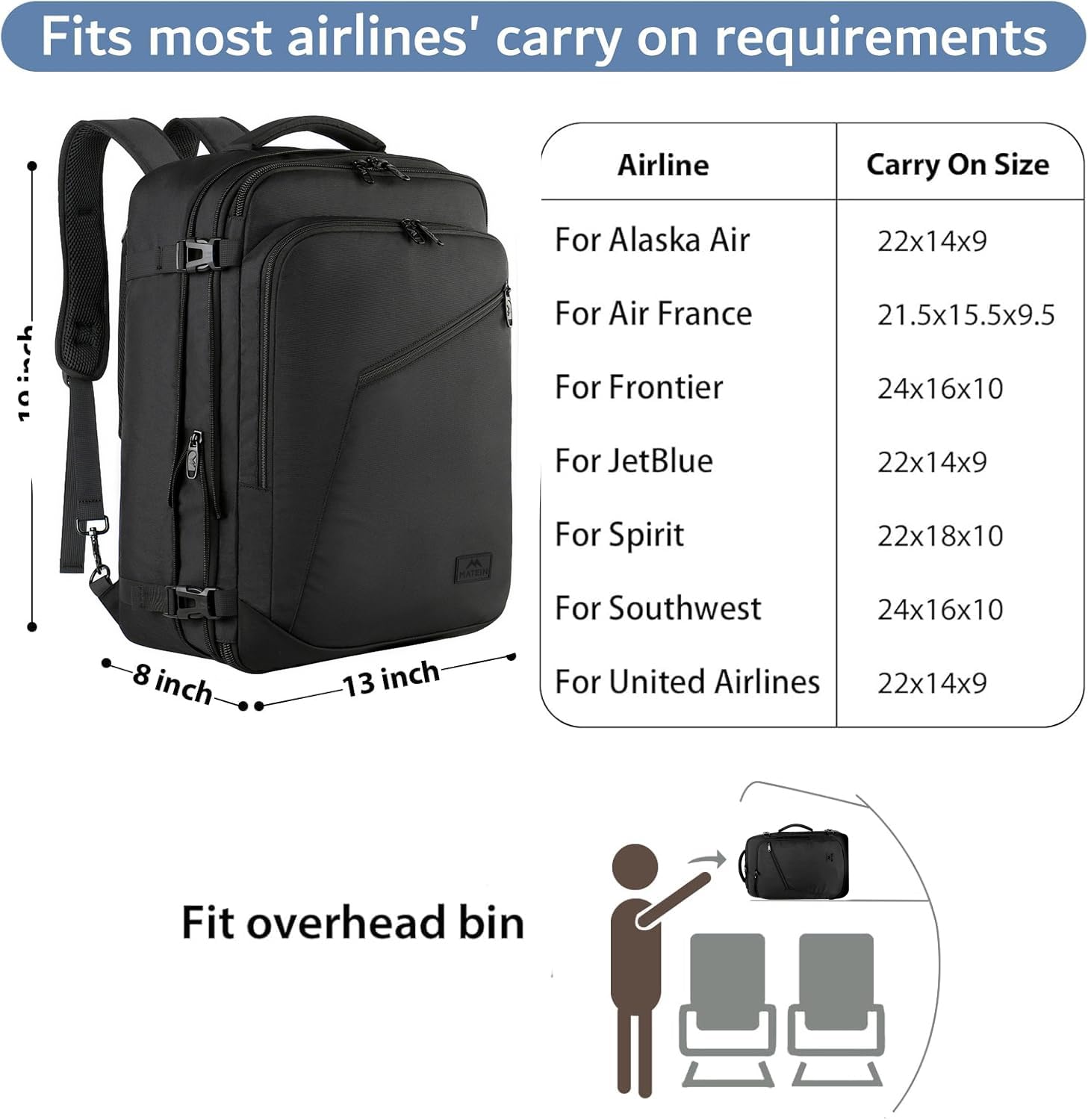 MATEIN 40–45L Expandable Carry-On Travel Backpack with Convertible Carry – Airline Approved – Black