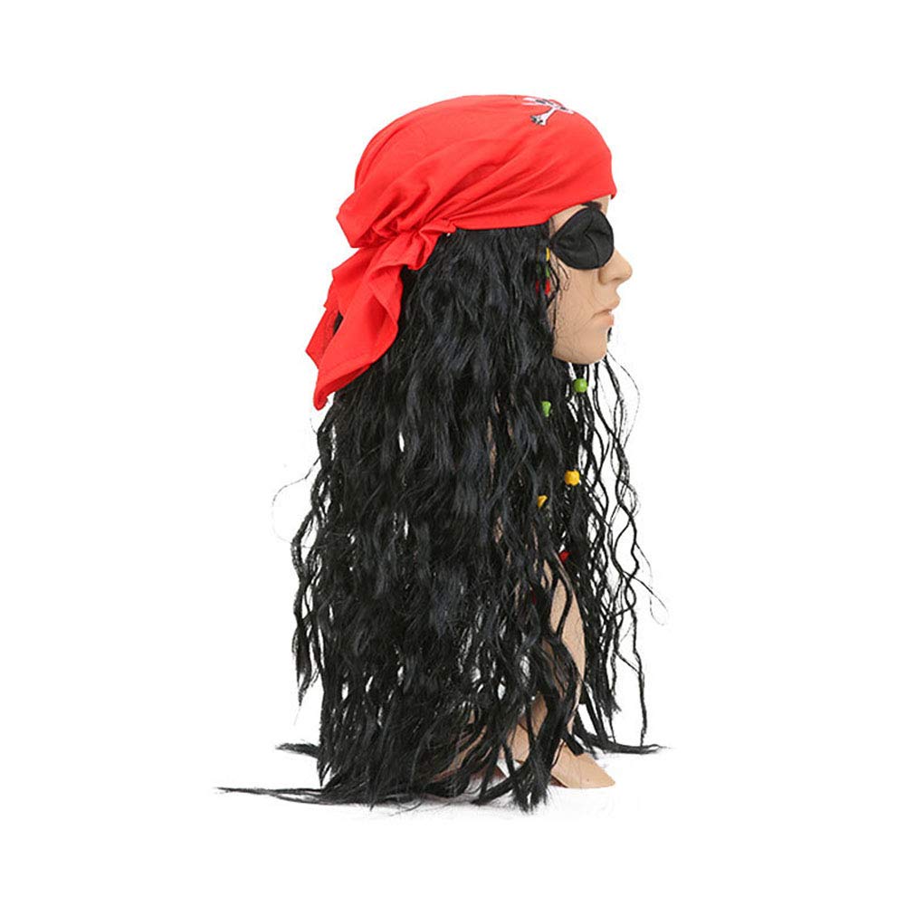 Black Pirate Wig with Red Bandana & Skull Eye Patch – Adult & Kids Halloween Pirate Costume Accessory Set
