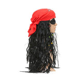 Black Pirate Wig with Red Bandana & Skull Eye Patch – Adult & Kids Halloween Pirate Costume Accessory Set