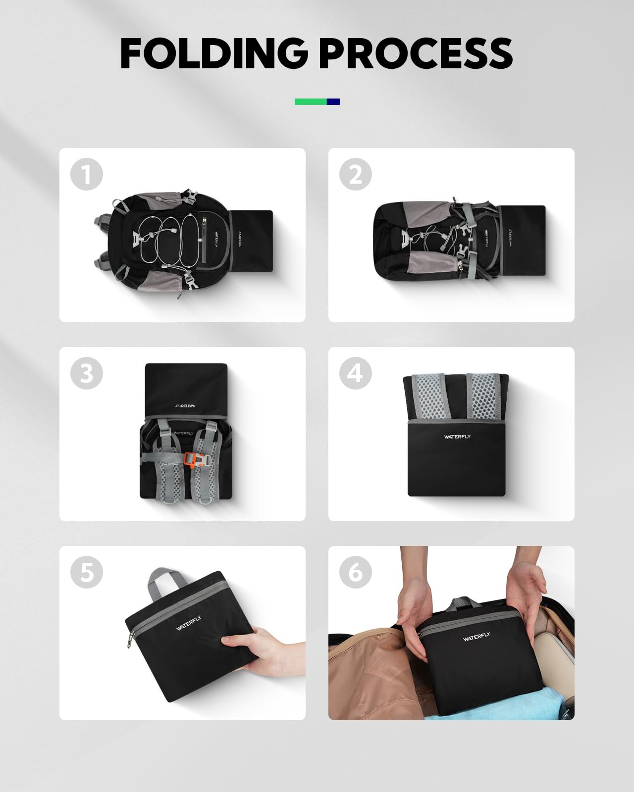 Waterfly 15L Ultra-Light Foldable Travel Backpack – Mini Packable Daypack with Breathable Straps, Black