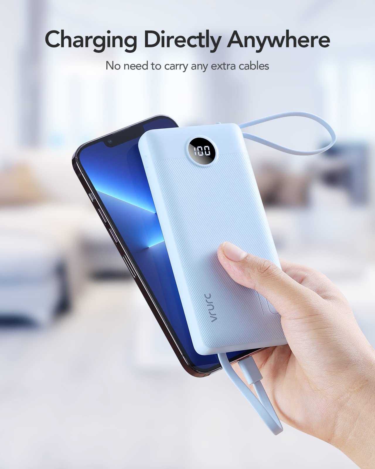 10000mAh Portable Power Bank with Built-in Charging Cables & LED Battery Indicator – Multi Device Travel Charger Blue