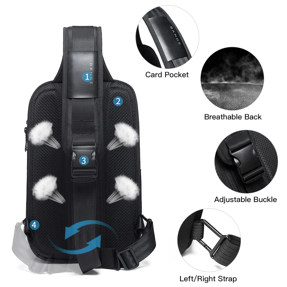 BANGE Waterproof Sling Bag with USB Charging Port – Lightweight Crossbody Chest Backpack for Men (Black)