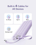 VRURC 10000mAh Slim Power Bank with Built-in Multi Cables & USB-C Fast Recharge – Smart Travel Battery Pack Lavender