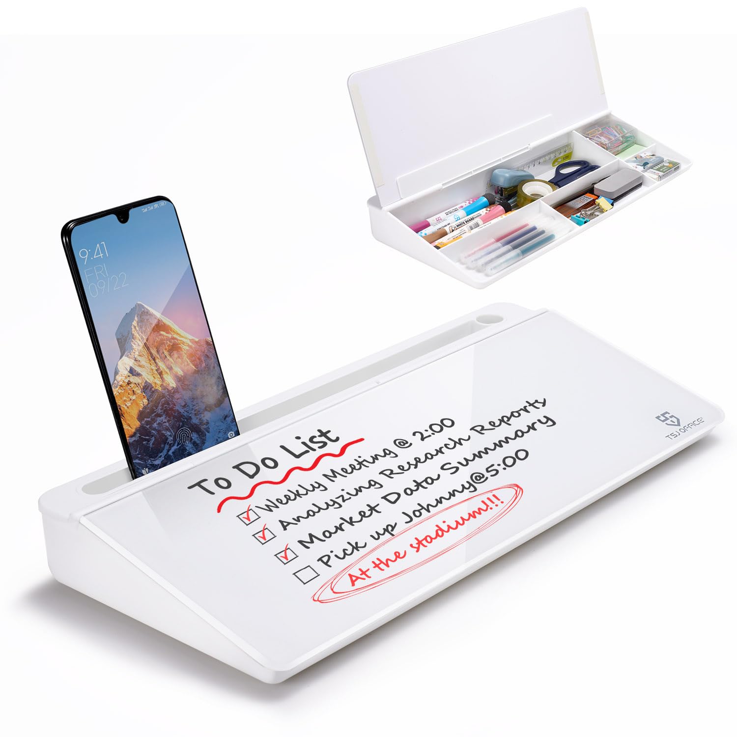 TSJ Office Glass Desktop Whiteboard Keyboard Stand with Hidden Drawer Storage & Accessory Tray for Organized Workspace