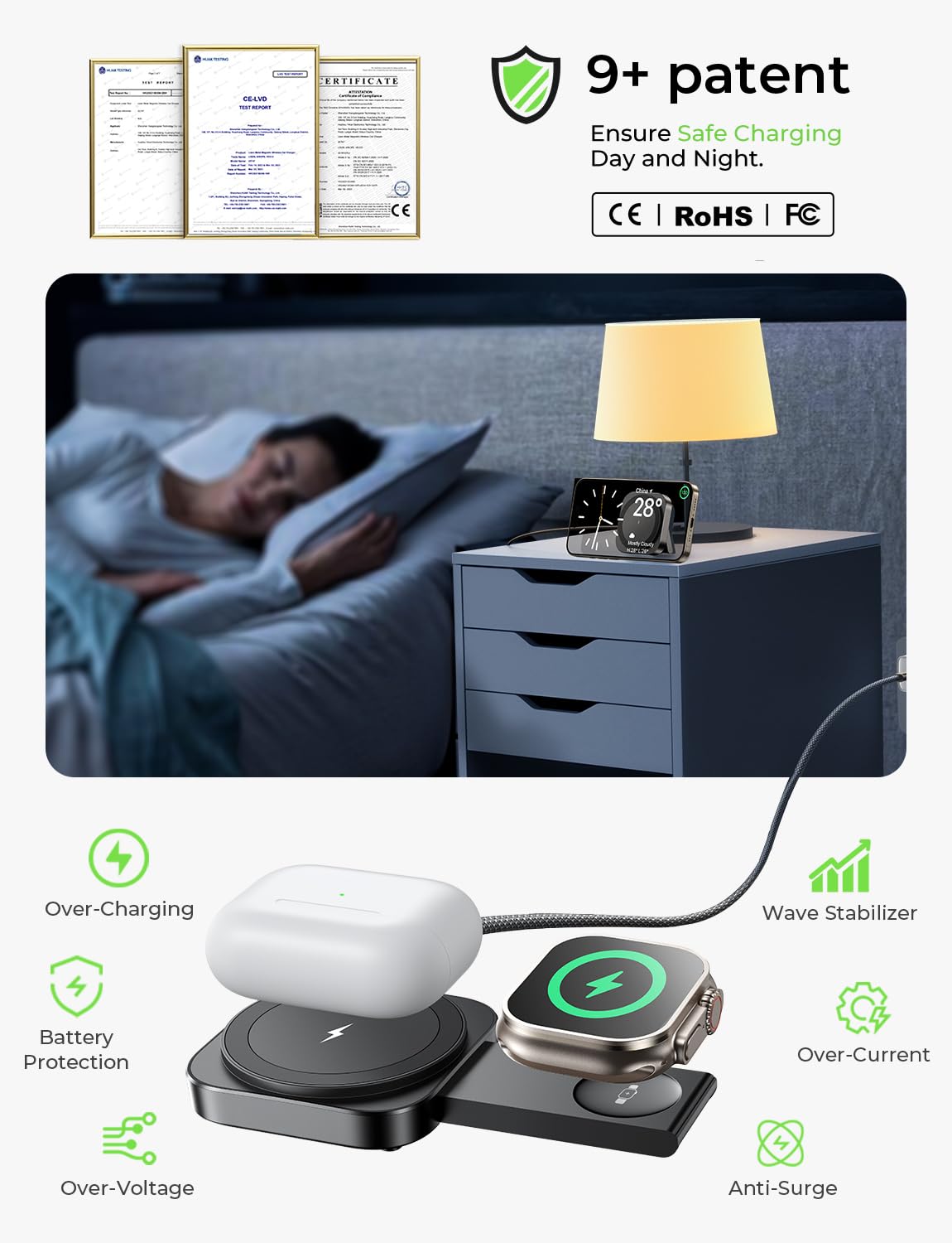LISEN MagSafe Charger Stand – Ultra Slim 2-in-1 Magnetic Charging Stand for iPhone, Apple Watch & AirPods
