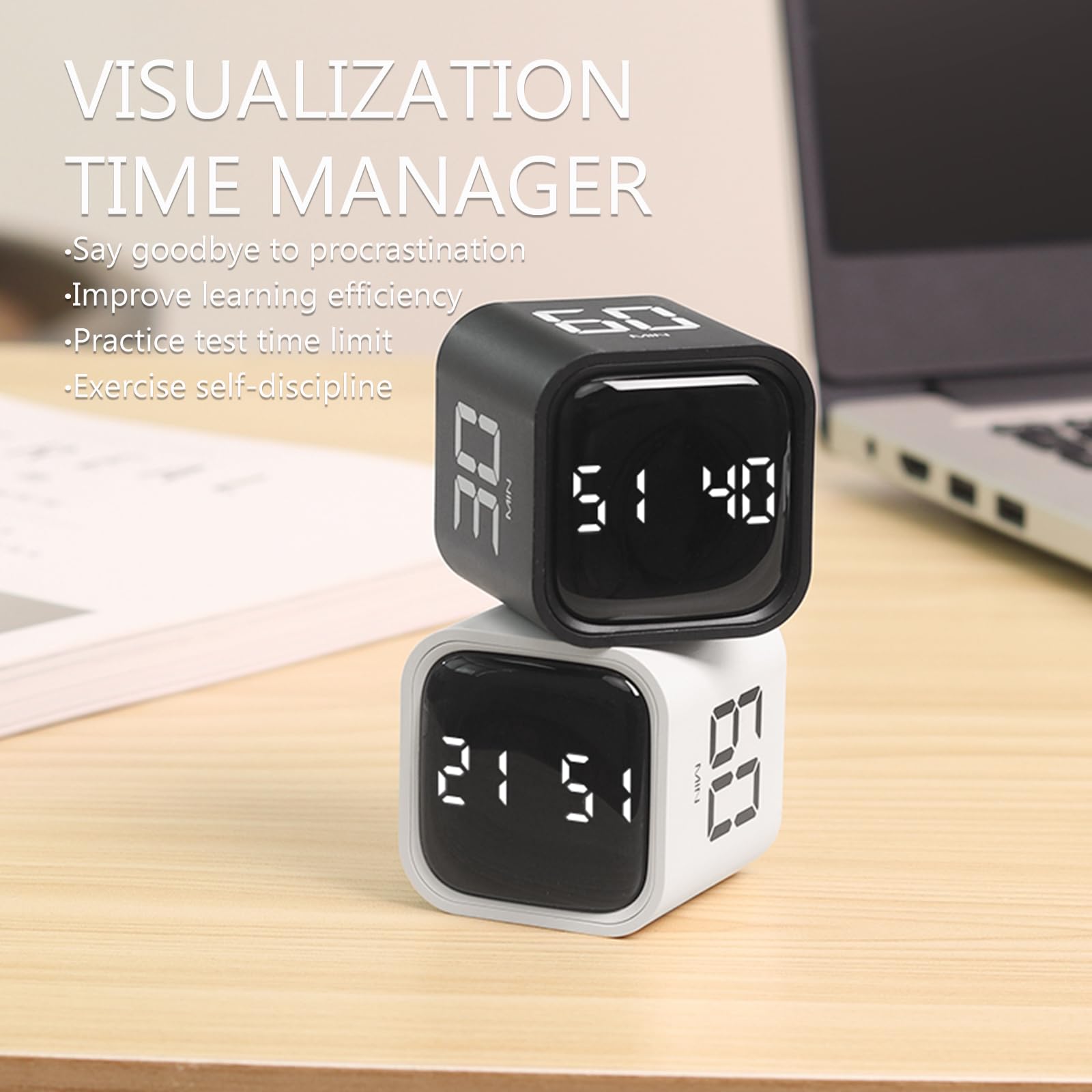 Digital Timer Cube with Flip Control, Preset Countdown & Vibration Mode, USB-C Rechargeable Focus Timer for Cooking, Work & Study – Black