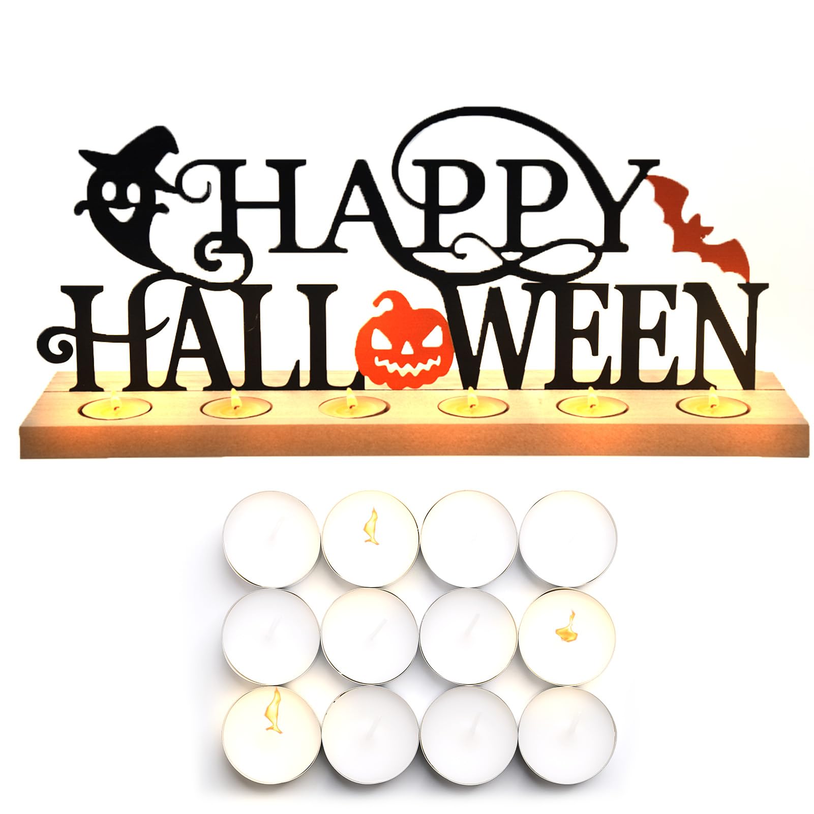 Happy Halloween Tabletop Sign with Wooden Base & 18 Tealights – Metal Pumpkin, Bat & Ghost Table Decor (Halloween Edition)