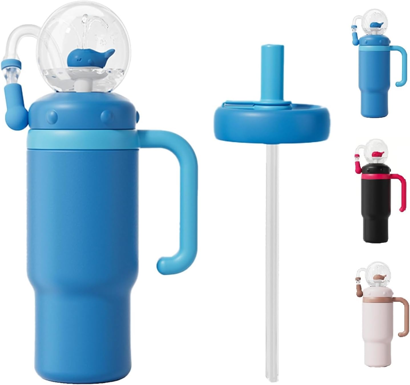 24 oz Insulated Whale Water Bottle with Two Soft Silicone Straws, Leakproof Lid and Handle