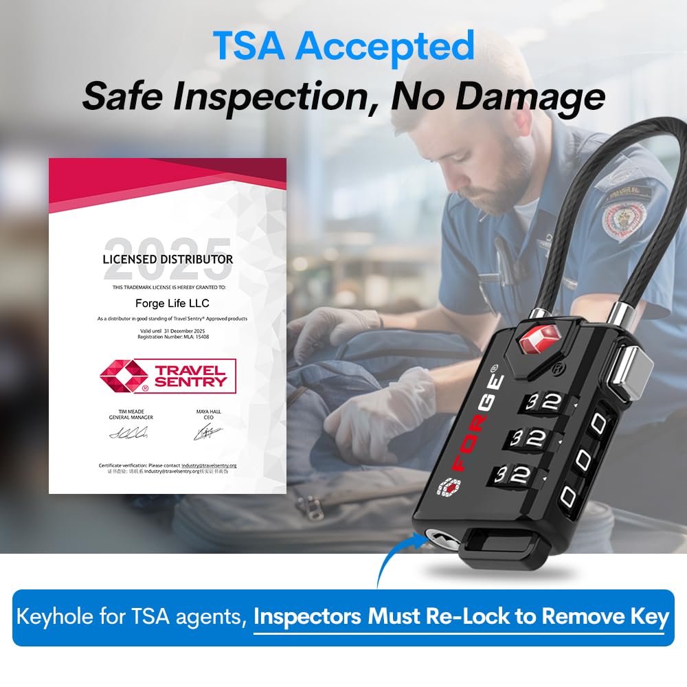 Forge TSA Approved Cable Luggage Locks 4 Pack, Durable 3 Digit Combination Travel Locks for Suitcases, Backpacks & Gym Bags