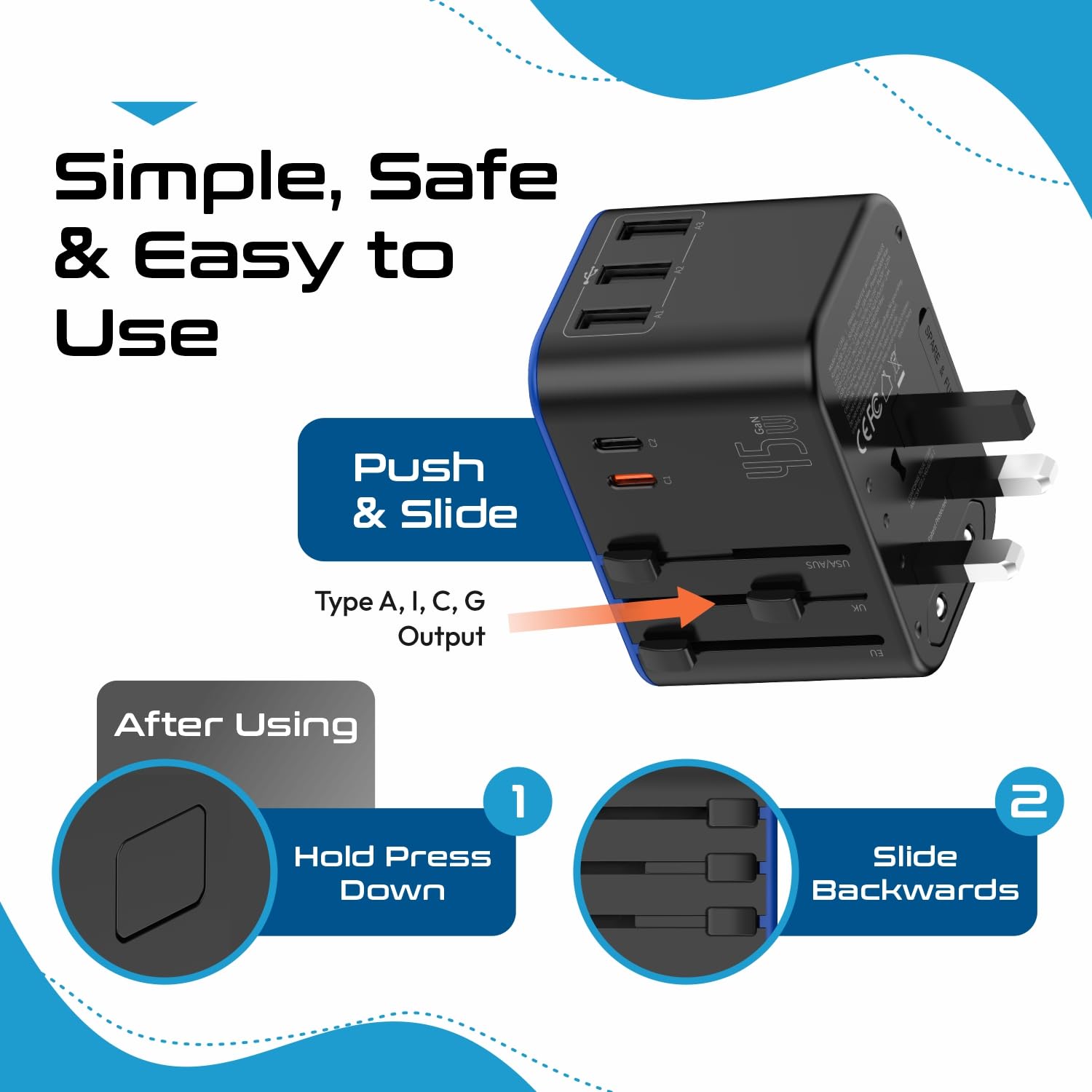 Universal Travel Power Adapter with USB-C & USB-A – Worldwide Plug Adapter for US, EU, UK, AU with 45W Fast Charging