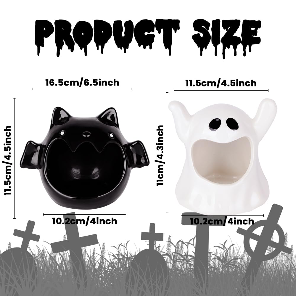 2-Piece Ceramic Halloween Candy Bowl Set – Ghost & Bat Design, White & Black Decorative Candy Dishes