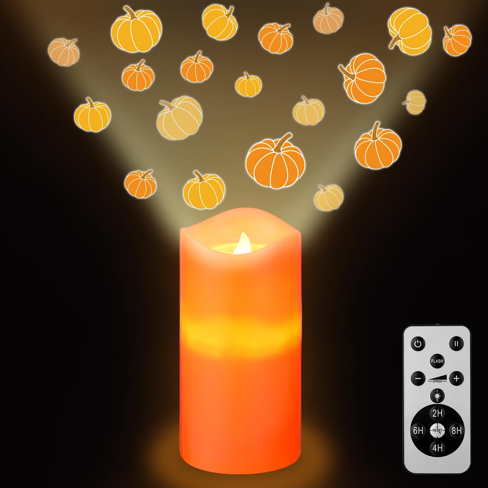 Pumpkin Projector Candle Light – LED Flameless Candle with Rotating Pumpkin Stars, Remote Control & Real Wax Design for Fall & Halloween Décor (Orange)