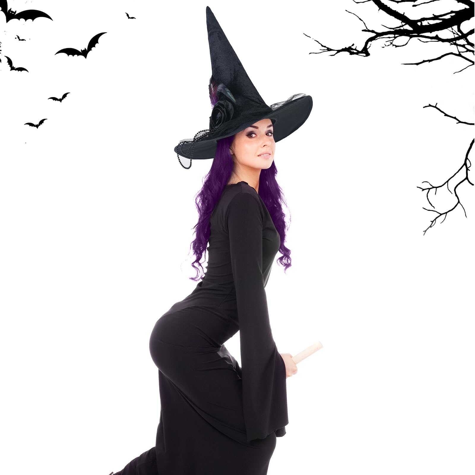 Purple Witch Costume Accessories Set – 3-Piece Halloween Kit with Black Hat, Wig & Striped Stockings