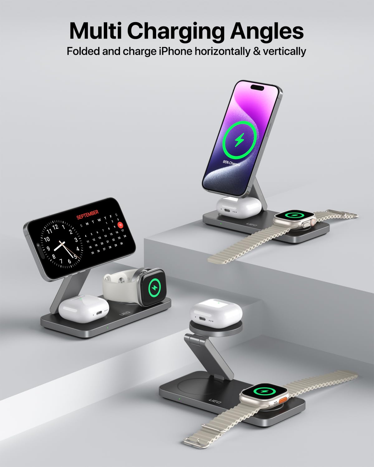 3-in-1 Magnetic Wireless Charging Station for iPhone, Apple Watch & AirPods – Foldable MagSafe Compatible Fast Charger Stand (Carbon Black)