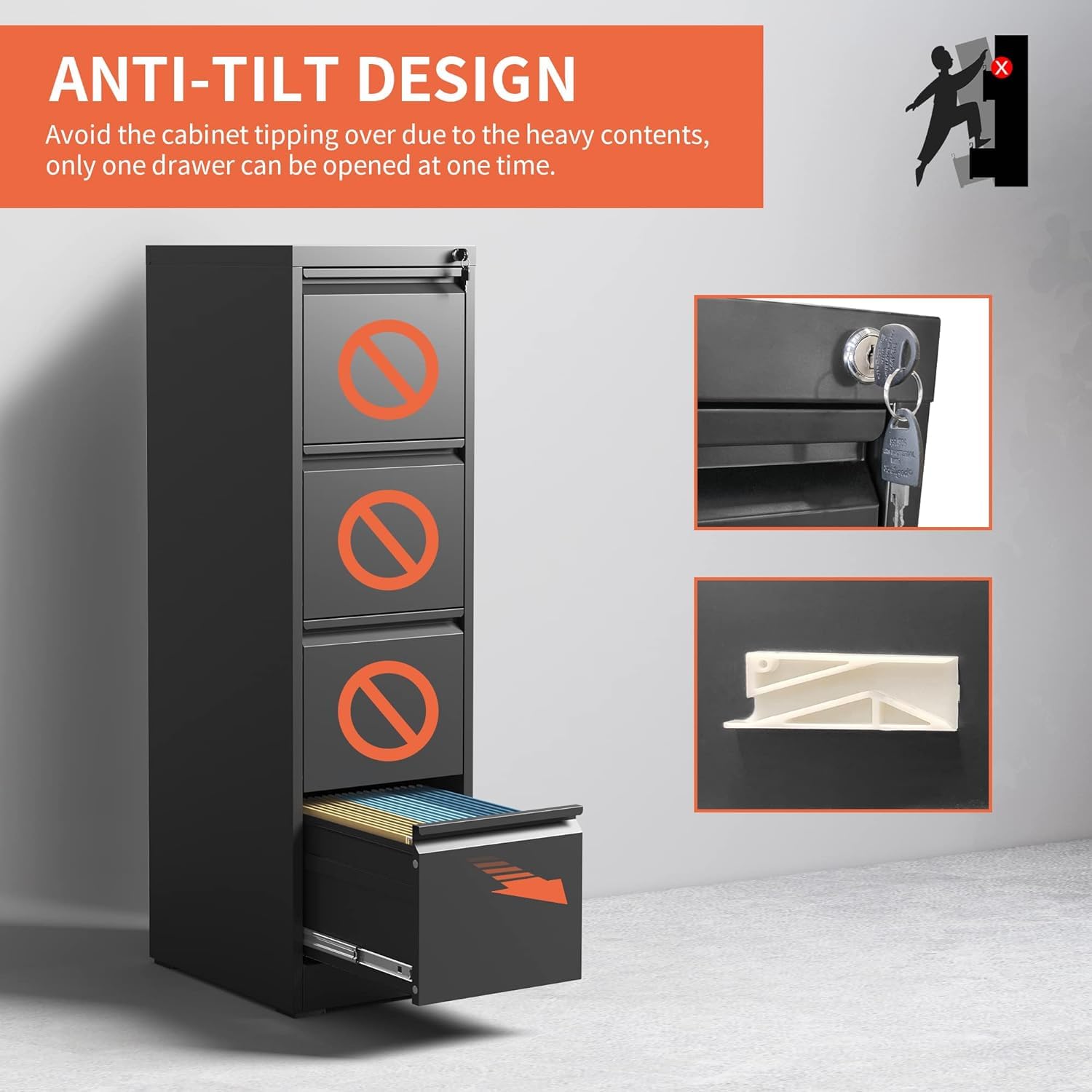 4-Drawer Locking Metal File Cabinet – Vertical Steel Filing Cabinet for Letter & Legal Files, Black