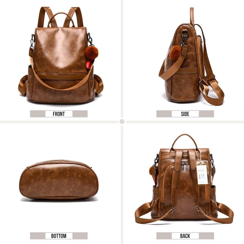 CHERUTY Women’s Anti-Theft Backpack Purse – Vegan PU Leather 3-in-1 Tote, Shoulder & Backpack for Daily Travel (Tan)
