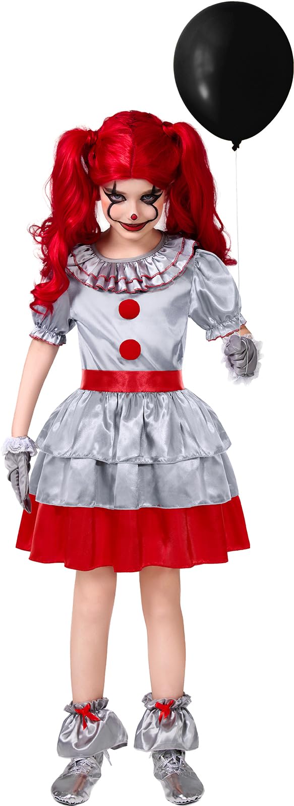 Girls Gray Killer Clown Costume – Complete Halloween Outfit with Dress, Gloves, Leg Warmers & Red Clown Nose