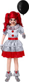 Girls Gray Killer Clown Costume – Complete Halloween Outfit with Dress, Gloves, Leg Warmers & Red Clown Nose