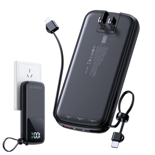 15000mAh Portable Power Bank with Built-in Cables & Wall Plug – 30W Fast Charging Travel Battery Pack for iPhone, Samsung & USB-C Devices (Black)