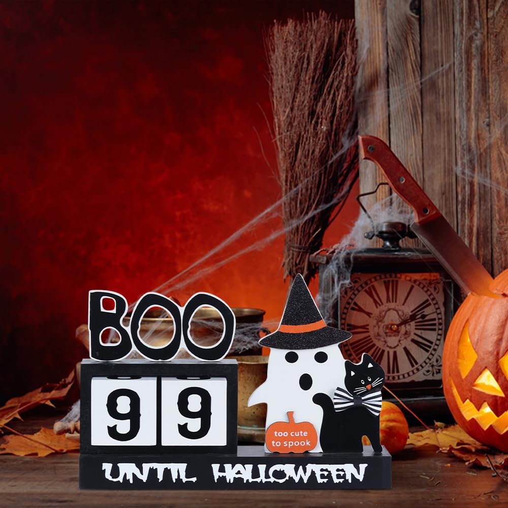 Halloween Countdown Wooden Block Decor – 99 Days to Halloween with Ghost, Cat & Pumpkin Ornaments