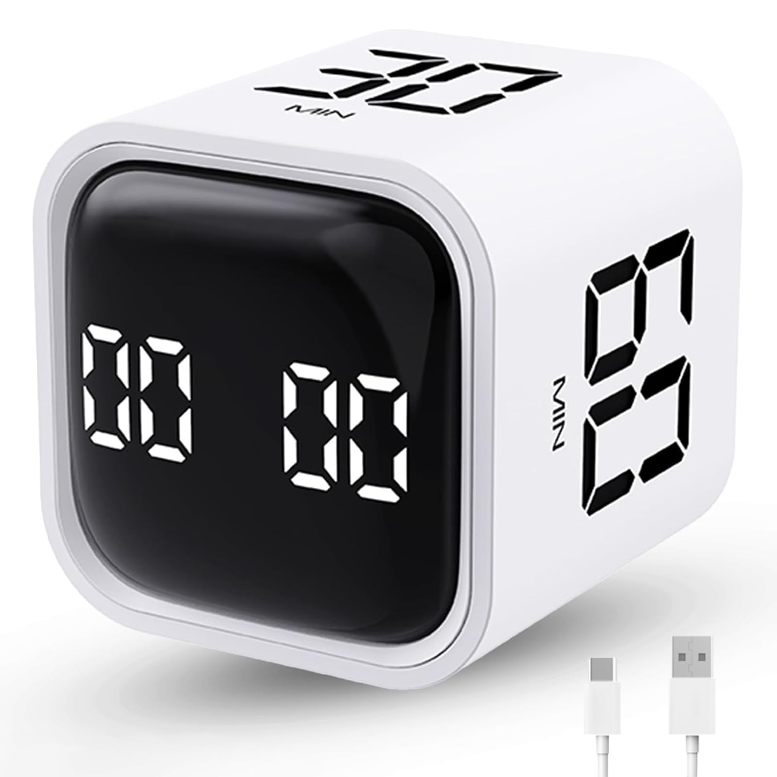 Productivity Timer Cube with Flip Control, Custom Countdown & Count-Up, Silent Vibration Desk Timer for Work, Study & Kitchen – White