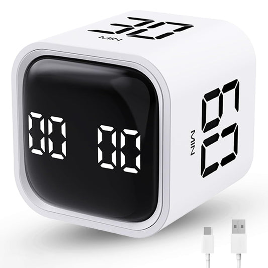 Productivity Timer Cube with Flip Control, Custom Countdown & Count-Up, Silent Vibration Desk Timer for Work, Study & Kitchen – White