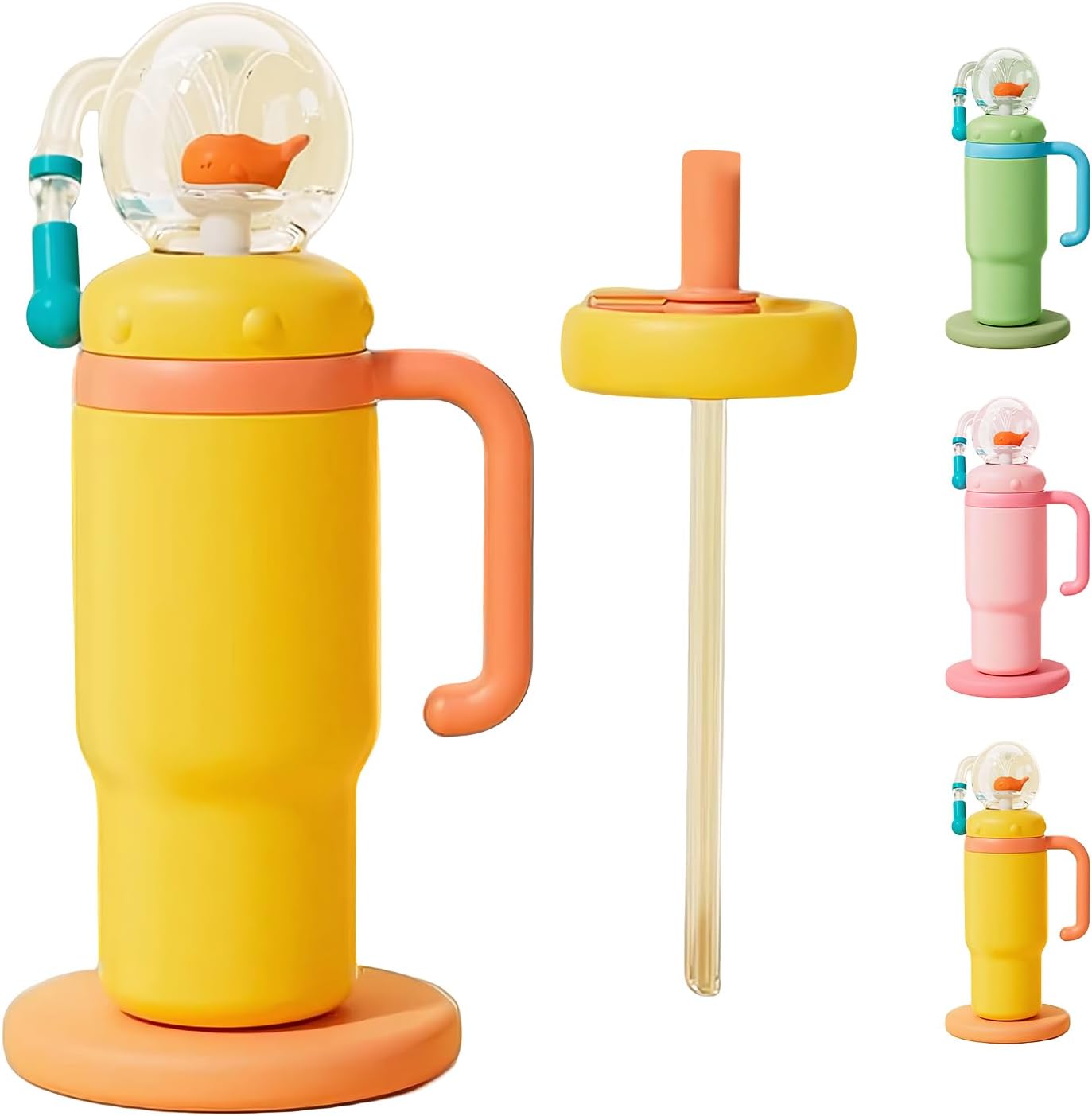 24 oz Insulated Whale Water Bottle with Two Soft Silicone Straws, Leakproof Lid and Handle