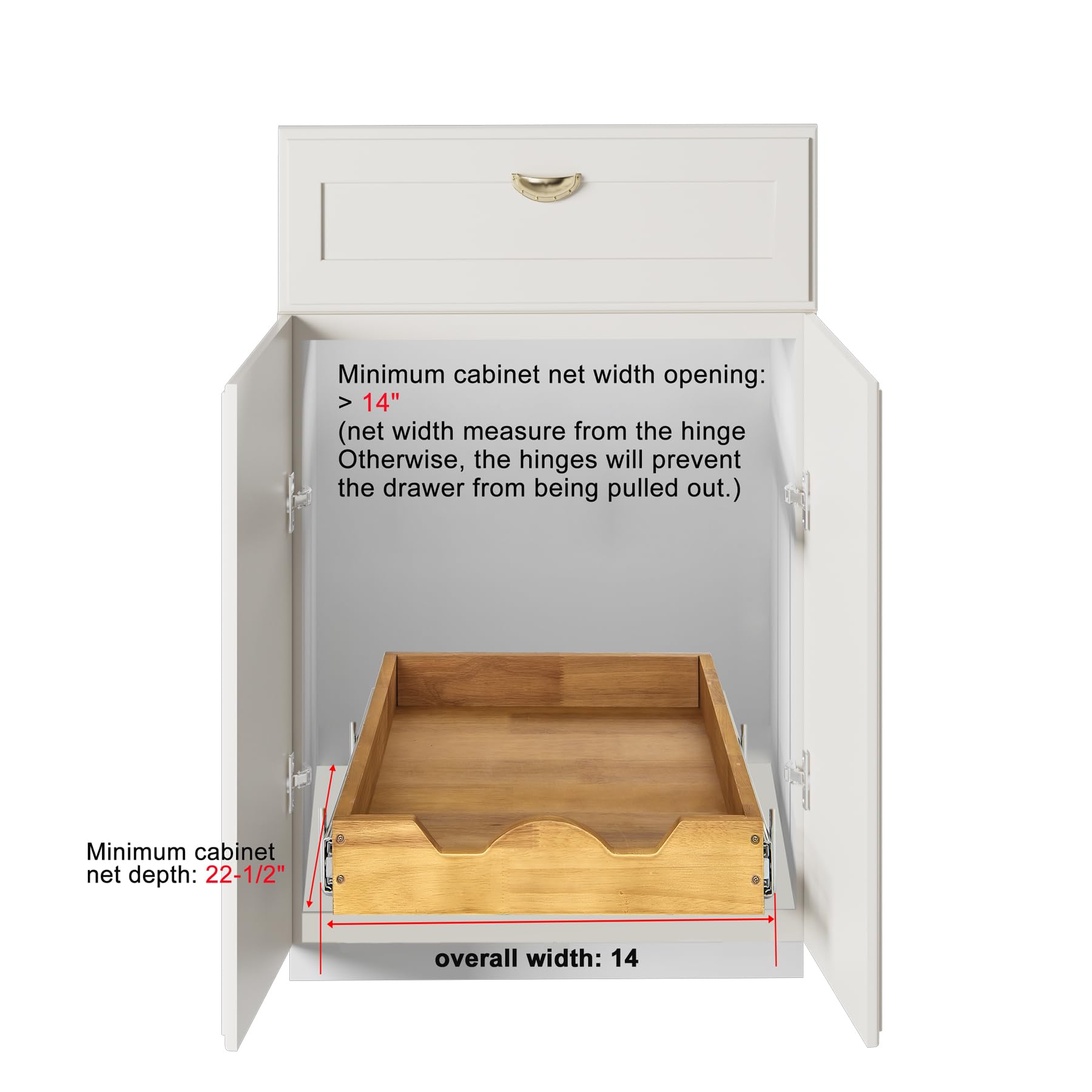 DINDON Oak Wood Single-Tier Pull-Out Cabinet Shelf – Wide Slide-Out Drawer for Under-Cabinet Storage (1 Tier)