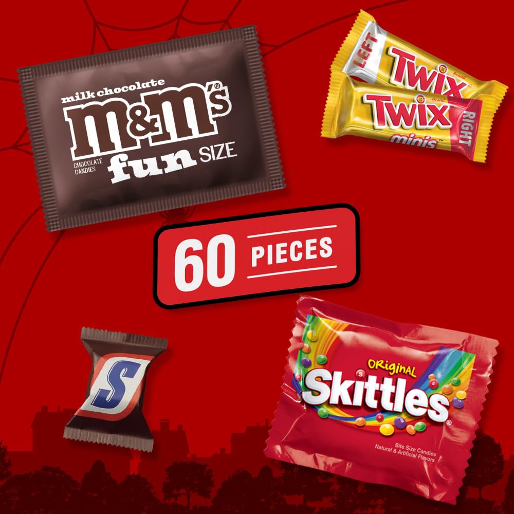 M&M’S, SNICKERS, SKITTLES & TWIX Halloween Variety Bag – 60 Count Fun Size Chocolate & Fruity Candy Mix (24 oz Bulk Bag)