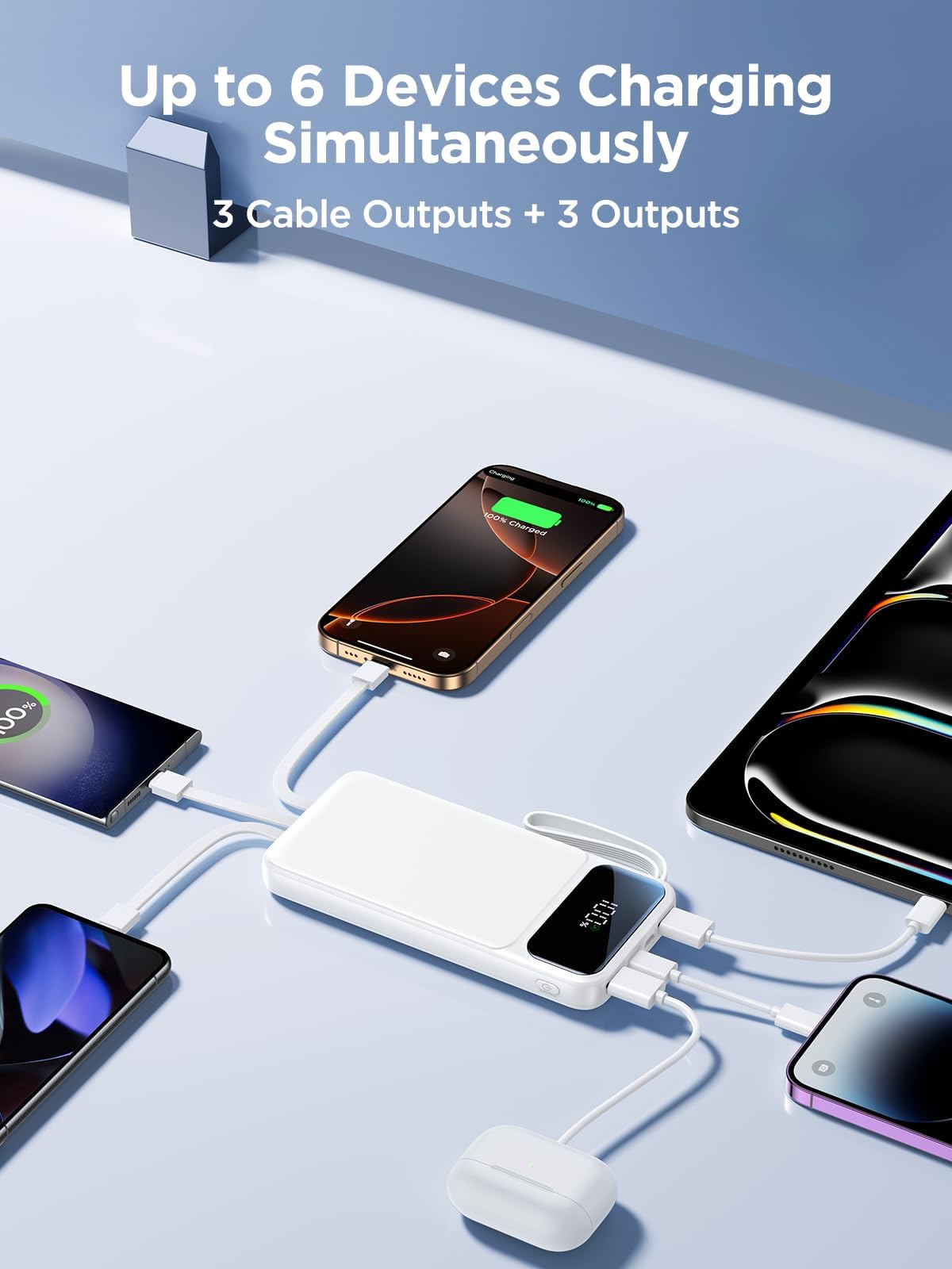 10000mAh Portable Power Bank with Built-in Cables – 22.5W PD Fast Charging, Slim 6-Output Battery Pack with LED Display (White)