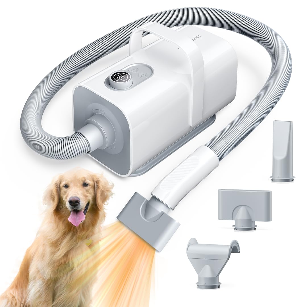 Ultra Quiet Professional Pet Dryer with Negative Ion Technology, Adjustable Wind Speeds, Smart Temperature Control, and Multiple Nozzles
