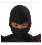 Kids Stealth Ninja Costume – Black Hooded Jumpsuit with Red Trim & Foam Armor Pads (Size Small 6–8)