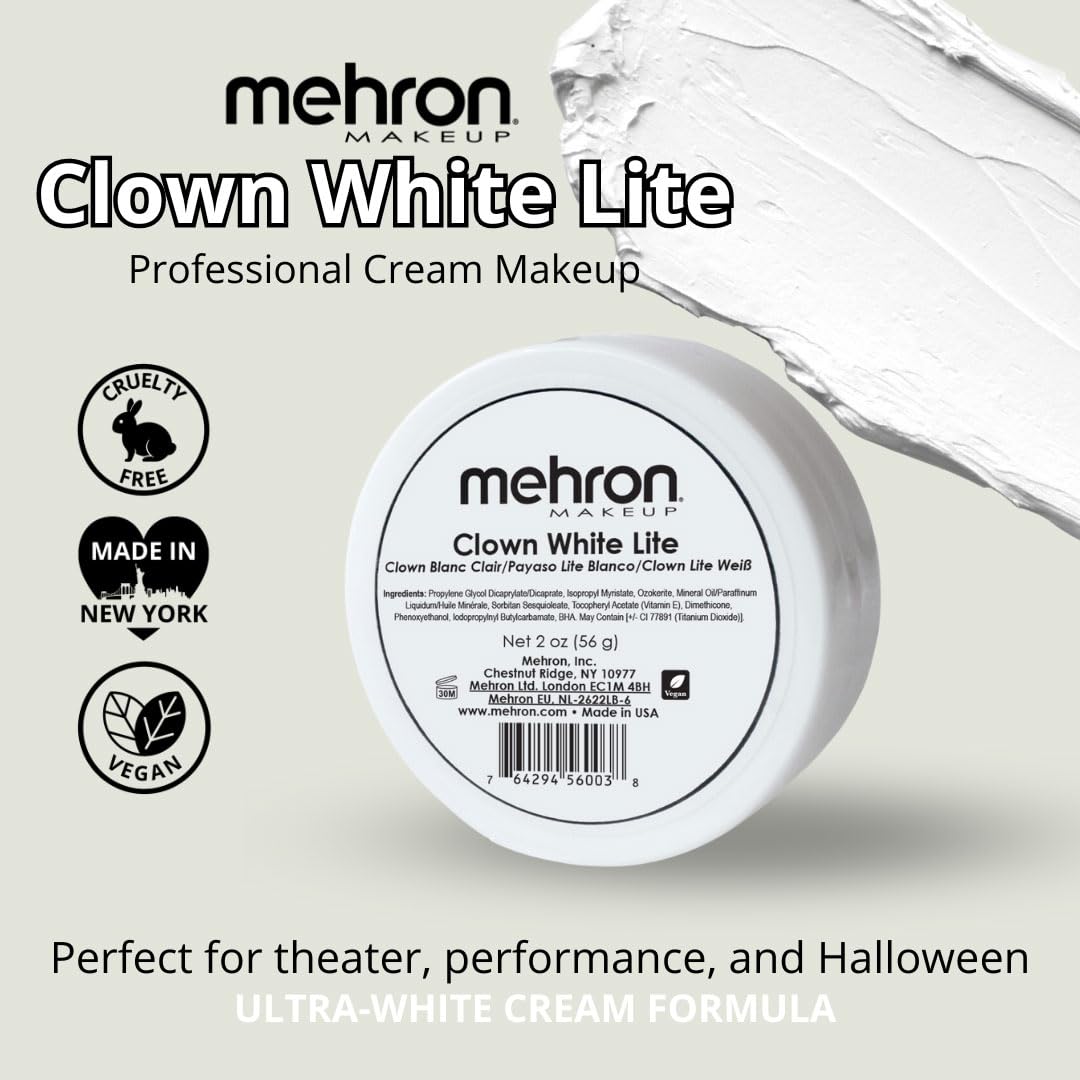 Mehron Clown White Lite – Professional Ultra-White Cream Makeup for Clowns, Mimes & Performers