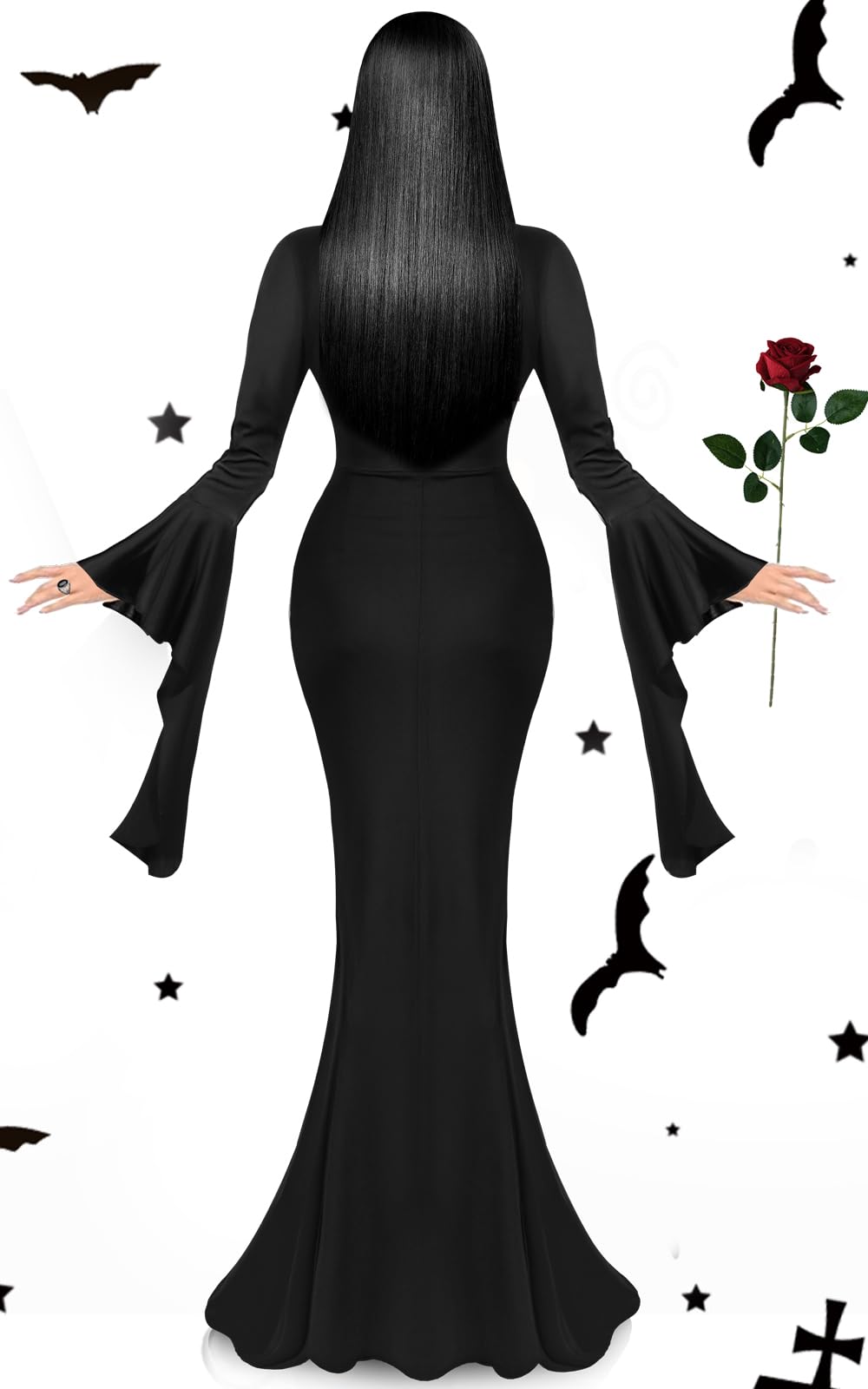 Women’s Gothic Halloween Costume Set – Long Black Dress, Wig, Rose, Ring & Necklace (5pcs)