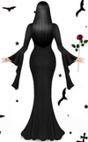 Women’s Gothic Halloween Costume Set – Long Black Dress, Wig, Rose, Ring & Necklace (5pcs)